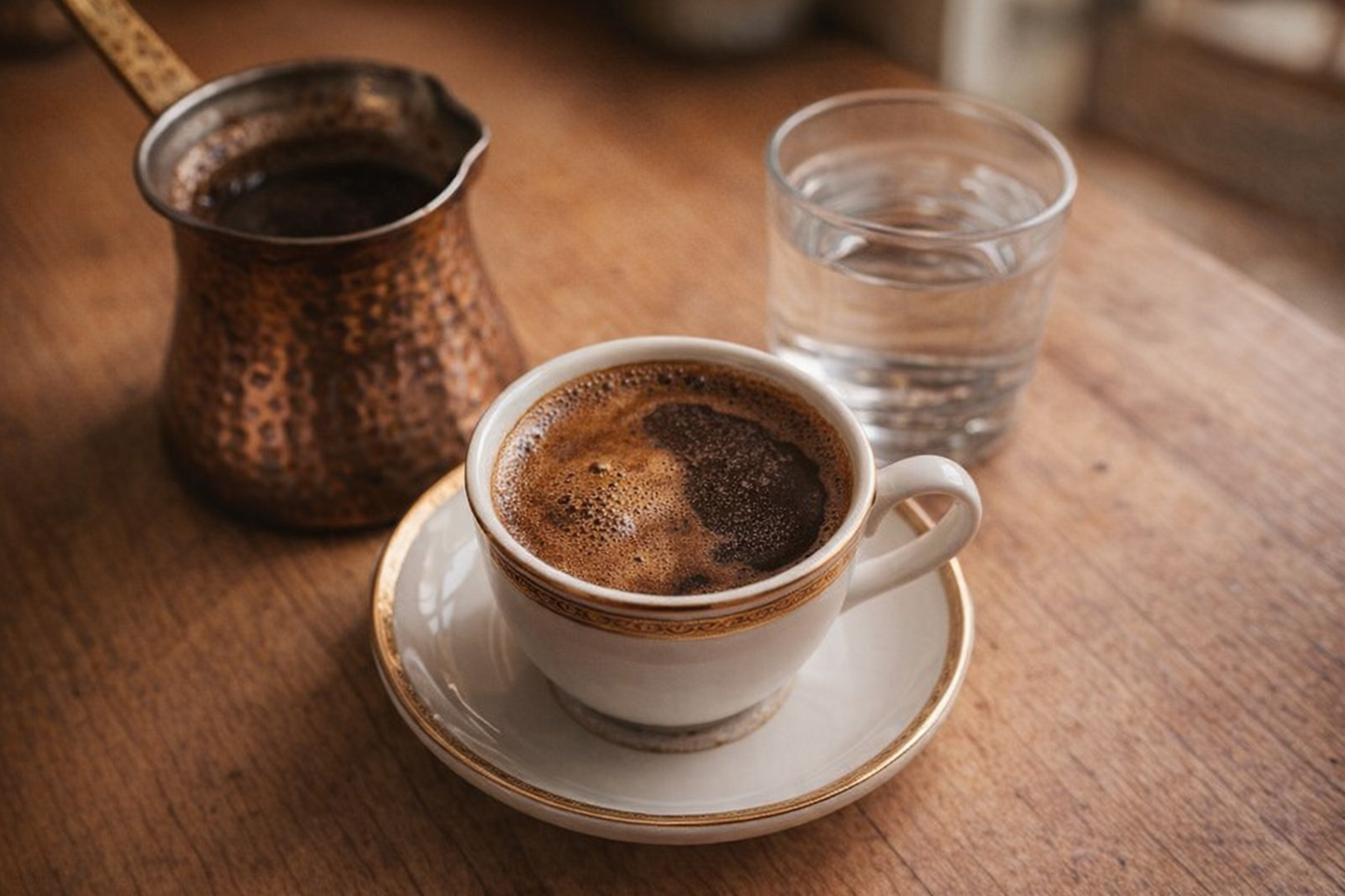 A close-up, overhead shot of a demitasse cup filled with dark Turkish coffee, foamy top, coffee grounds settled at the bottom, next to a small cezve and a glass of water, warm lighting